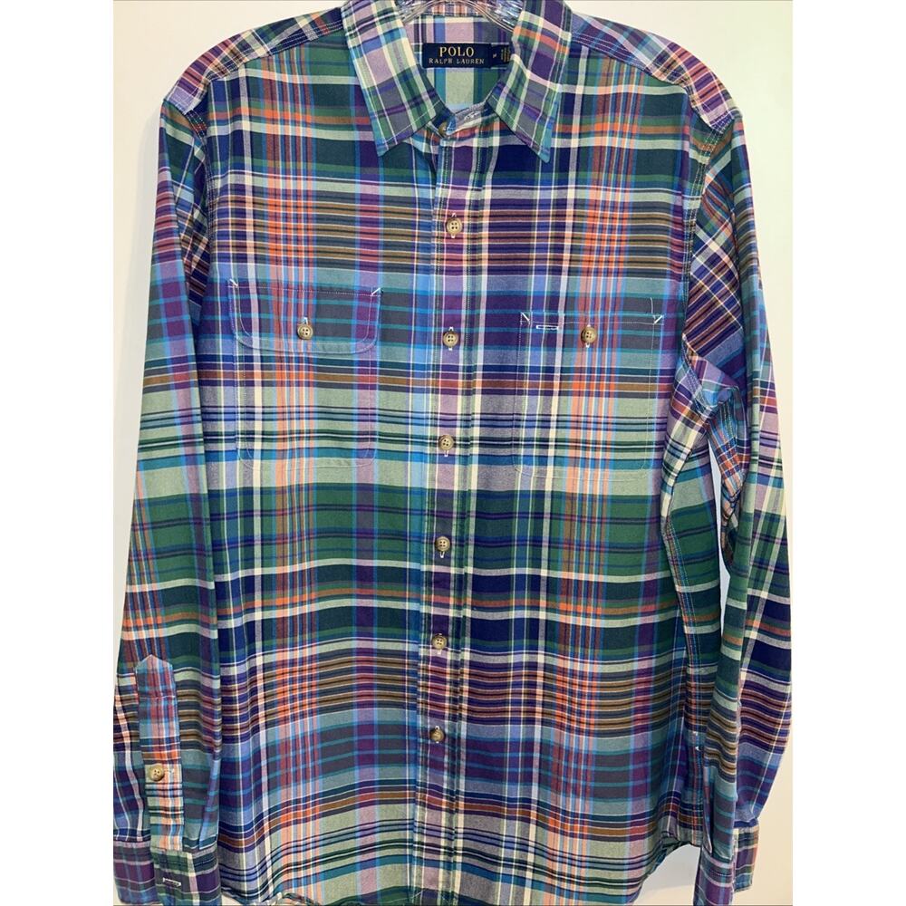 Polo Ralph Lauren Shirt Mens M Plaid Chest Pockets Button Up Work Long Sleeve